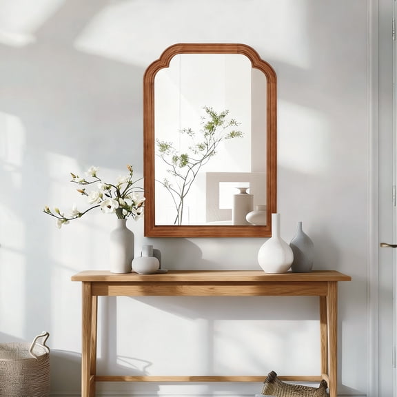 Yellowish Brown Color 20" x 30" Solid Wood Frame Rounded Corner Decorative Mirror, For Bedroom, Bathroom, Living Room, Entryway