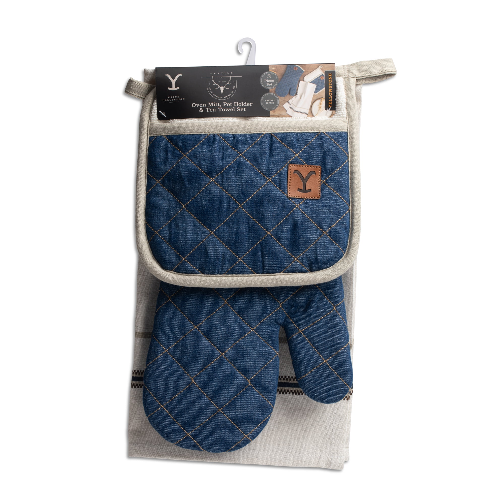 Yellowstone 3-Piece Oven Mitt, Pot Holder, & Tea Towel Kitchen Linen Set, Kayce Collection