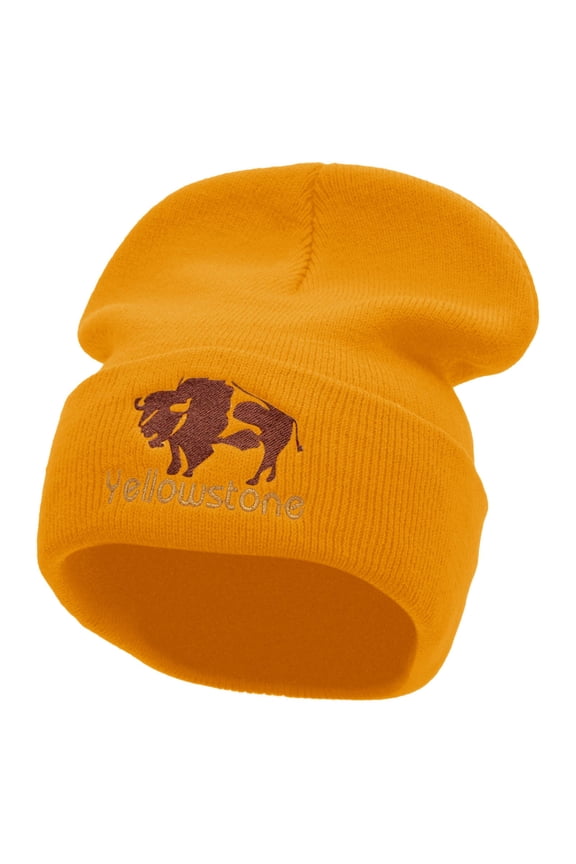 Yellowstone Big Buffalo Embroidered 12 Inch Long Knitted Beanie - Yellow OSFM