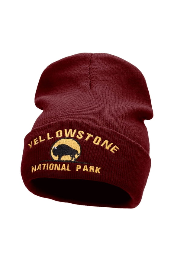 Yellowstone Bison Embroidered Long Knitted Beanie - Maroon OSFM