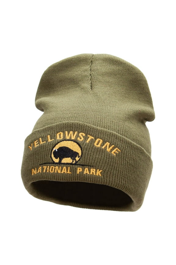 Yellowstone Bison Embroidered Long Knitted Beanie - Olive OSFM