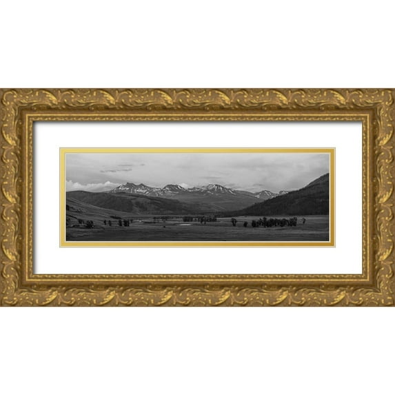 The Yellowstone Collection 32x13 Gold Ornate Wood Framed with Double Matting Museum Art Print Titled - Sunset in Lamar Valley, Yellowstone National Park