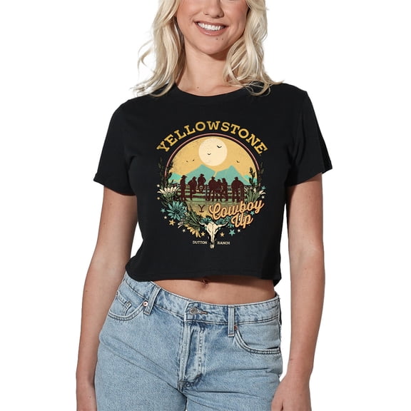 Yellowstone Cowboy Up Women's Crop Top T-Shirt, Black, Large