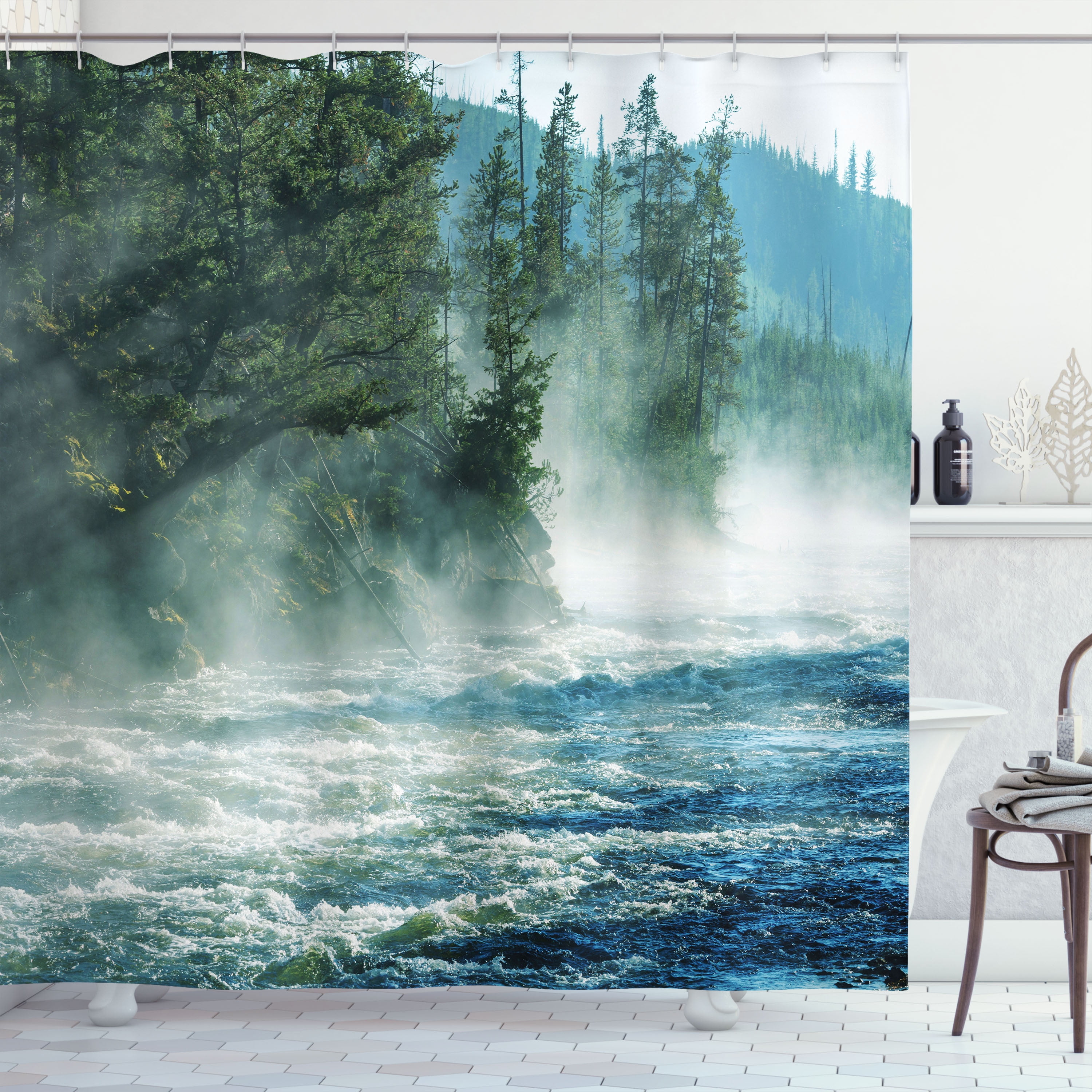 Yellowstone Decor Shower Curtain, Fog on River Alpine Trees by the Bank