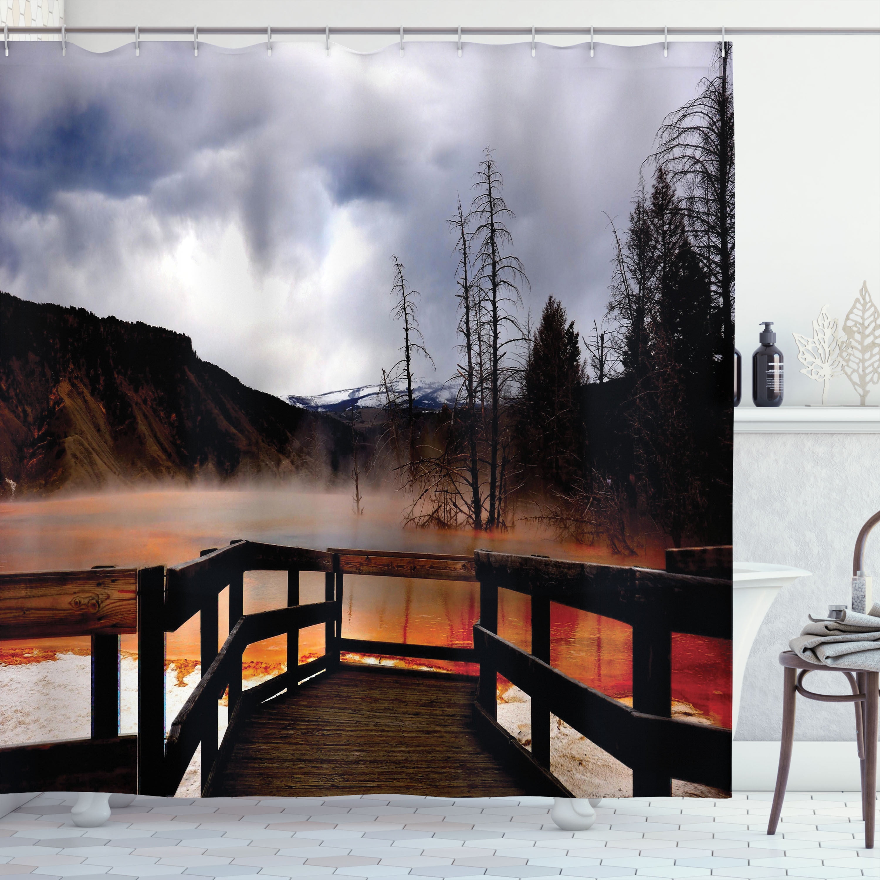 Yellowstone Decor Shower Curtain, Moody Cloudy Sky over Hot Steamy
