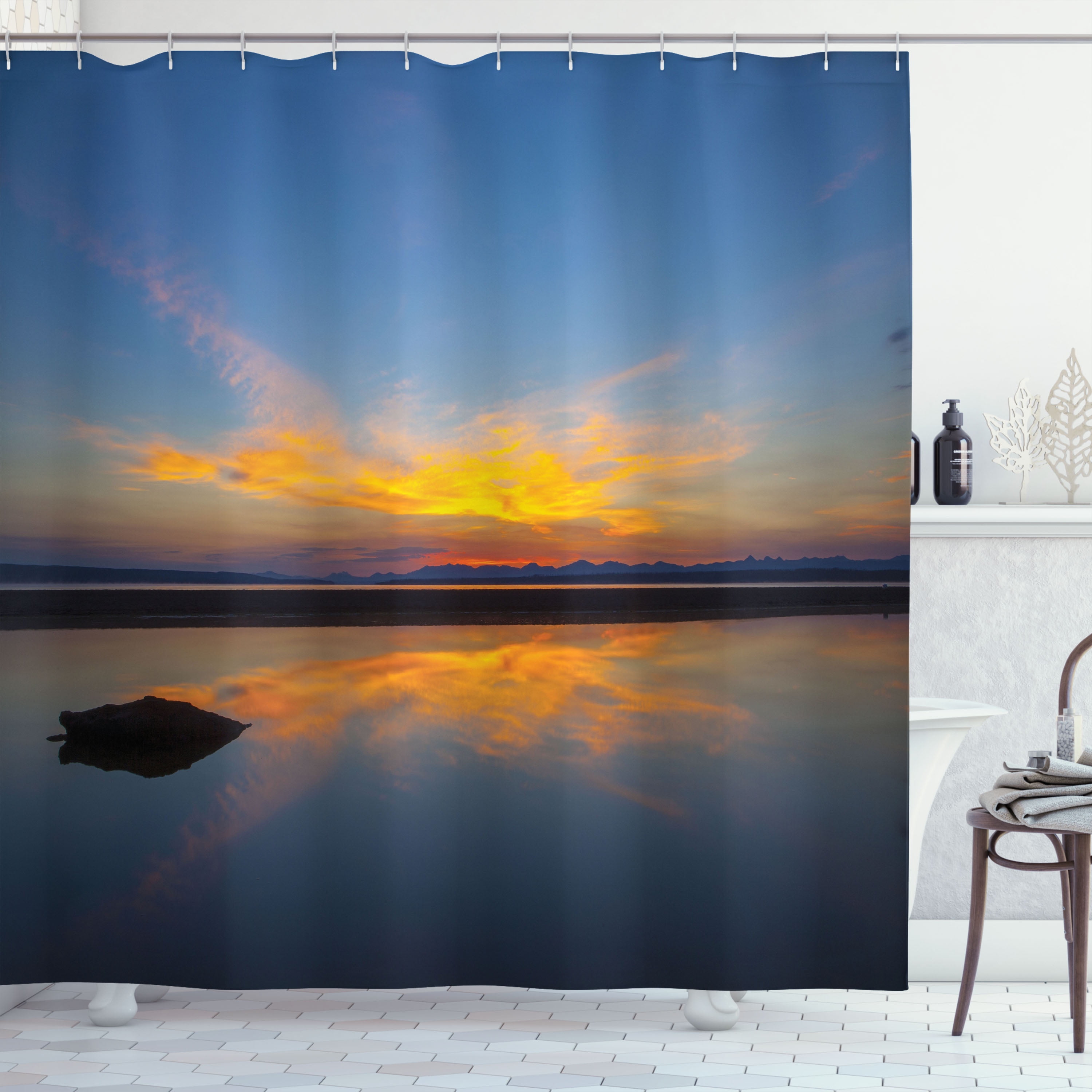 Yellowstone Decor Shower Curtain, National Park Sunrise on Lakeside