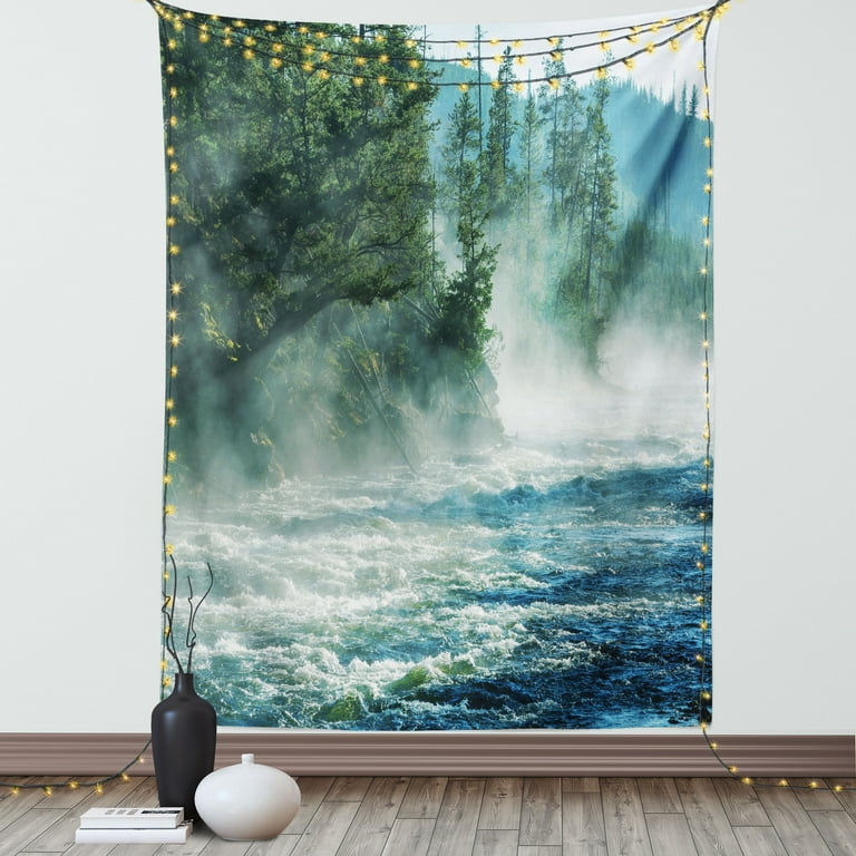 Yellowstone Decor Tapestry, Fog on River Alpine Trees by the Bank  Wilderness Waterscape Picture Art, Wall Hanging for Bedroom Living Room  Dorm Decor, 60W X 80L Inches, Green Blue, by Ambesonne 