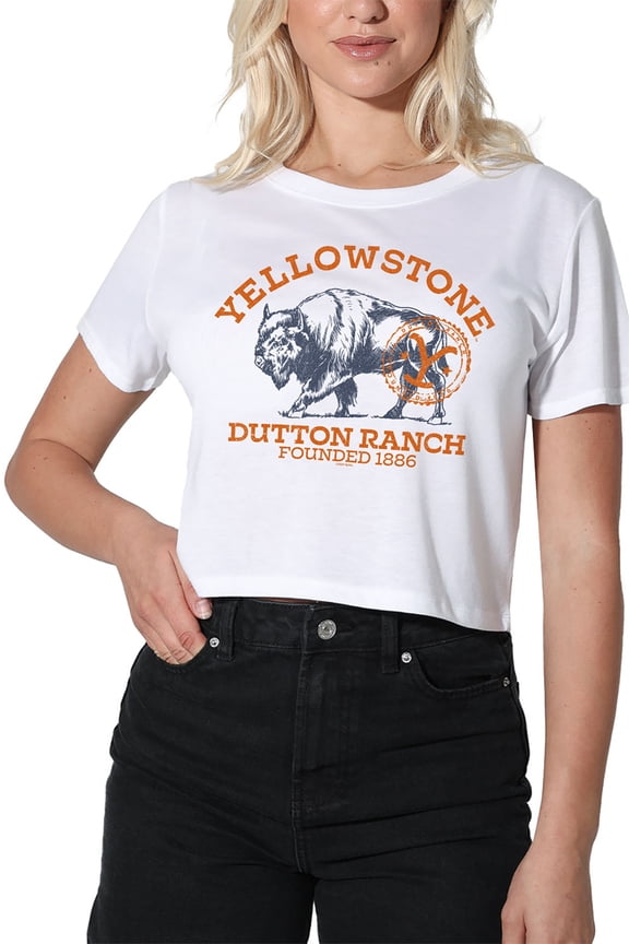 Yellowstone Dutton Ranch Buffalo Women's Crop Top T-Shirt, White, Large