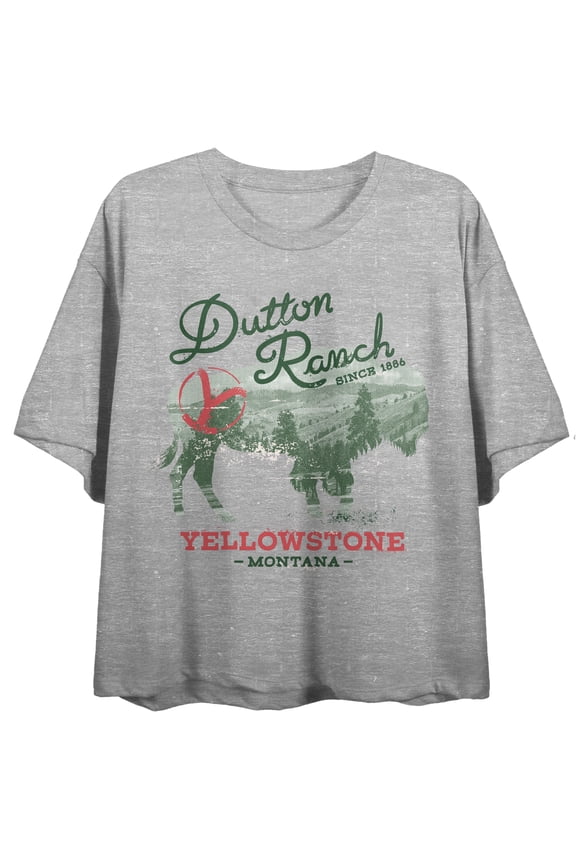 Yellowstone Dutton Ranch Crew Neck Short Sleeve Athletic Heather Women's Crop Top-XS