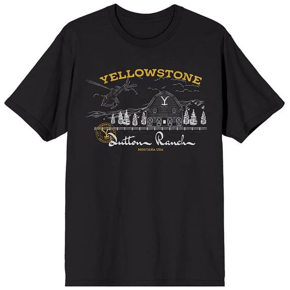 Yellowstone Dutton Ranch Forest Composition Art Crew Neck Short Sleeve Men's Black T-shirt-Large