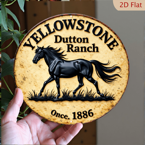 Yellowstone Dutton Ranch Metal Wall Sign, Rustic Horse Emblem Round Aluminum Decor, 8x8 Inch