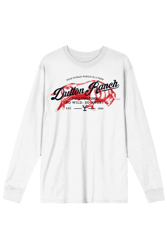 Yellowstone Dutton Ranch Red Bull Logo Crew Neck Long Sleeve Men's White Tee-XL