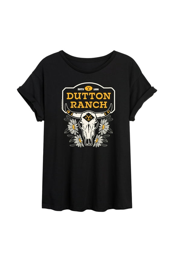 - Dutton Ranch Steer Skull Flower - Women's Oversized Graphic T-Shirt