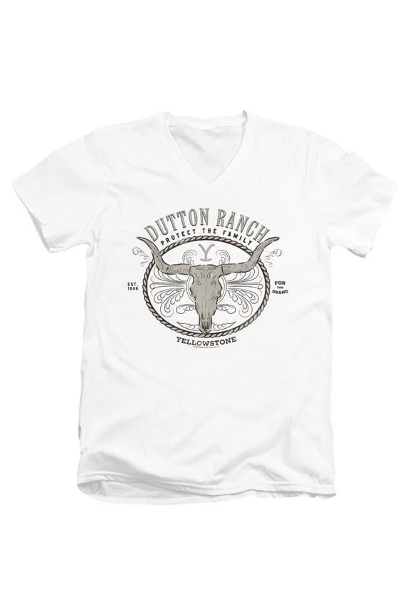 Yellowstone Dutton Ranch Unisex Adult V-Neck T Shirt,White, Large
