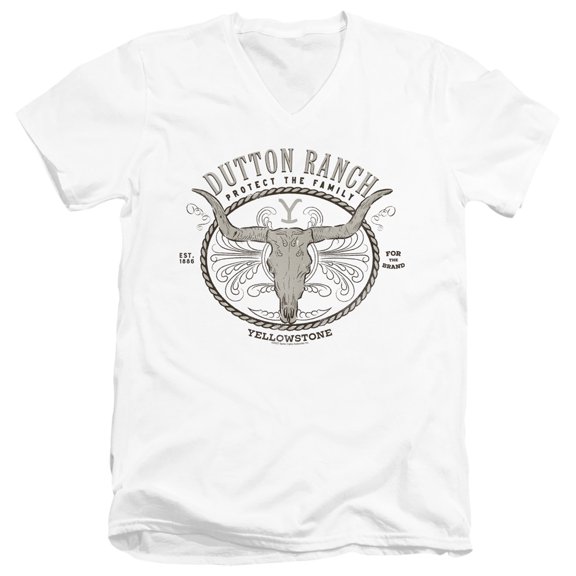 Yellowstone Dutton Ranch Unisex Adult V-Neck T Shirt,White, X-Large