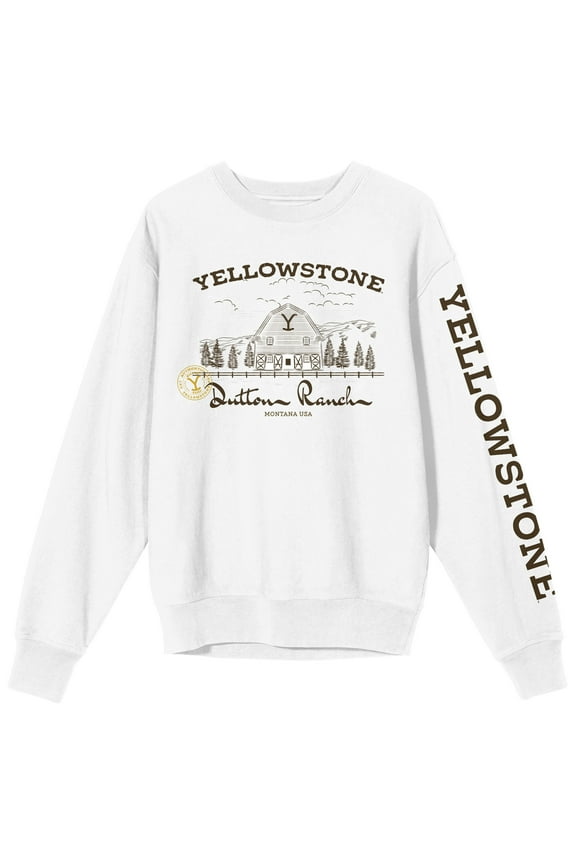 Yellowstone Dutton Ranch With Sleeve Logo Crew Neck Long Sleeve White Adult Sweatshirt-Medium
