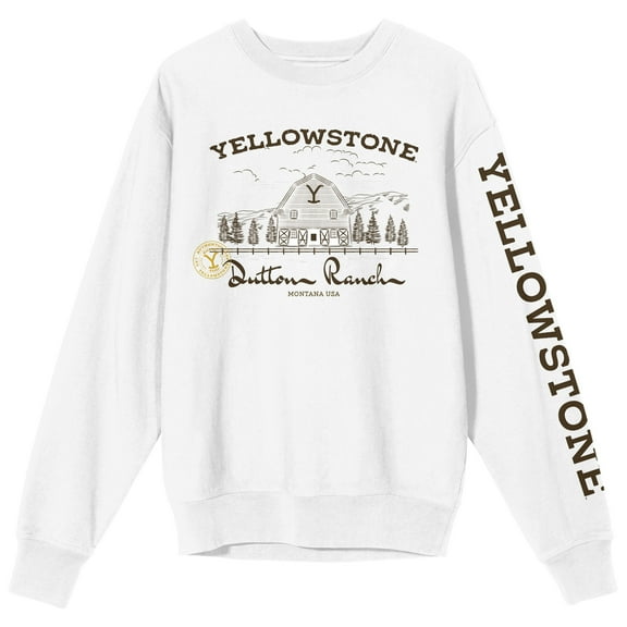 Yellowstone Dutton Ranch With Sleeve Logo Crew Neck Long Sleeve White Adult Sweatshirt-XL