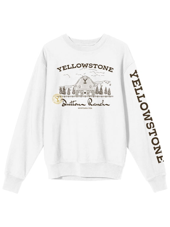 Yellowstone Dutton Ranch With Sleeve Logo Crew Neck Long Sleeve White Adult Sweatshirt-XXL