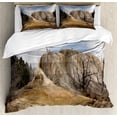 thumbnail image 1 of Yellowstone Duvet Cover Set, Big Rock in Orange Spring Mound Yellowstone Forest Cloudy Sky Scenery Nature, Decorative 3 Piece Bedding Set with 2 Pillow Shams, Calking Size, Beige Blue, by Ambesonne, 1 of 3