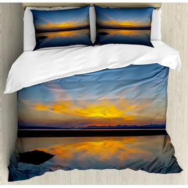 Yellowstone Duvet Cover Set, Yellowstone National Park Sunrise on Lakeside Romantic Nature Outdoor Picture, Decorative 3 Piece Bedding Set with 2 Pillow Shams, Calking Size, Yellow Blue, by Ambesonne