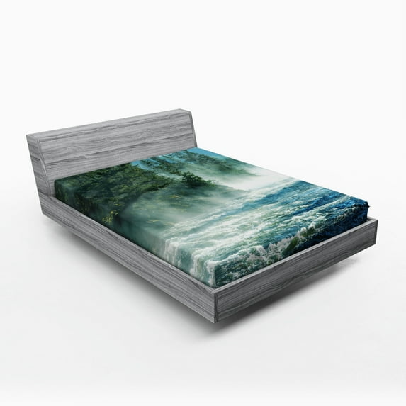 Ambesonne Yellowstone Fitted Sheet, River Trees Nature, Full Size, Green Blue