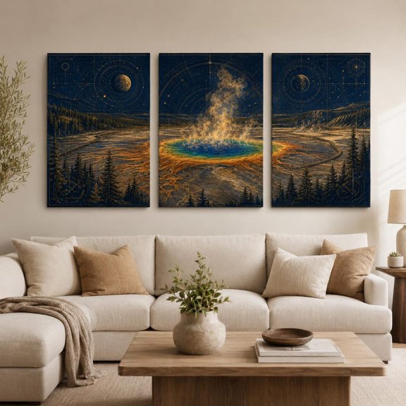Yellowstone Grand Prismatic Spring Wall Art Prints, Navy Gold National Park Triptych
