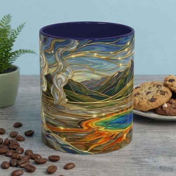 Yellowstone Mug, Stained Glass Geyser Coffee Cup, Bison Grand Prismatic Spring, Nature Lover Gift, Wildlife Camping Art, Mountain Cup