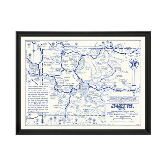 Yellowstone National Park Art, 1930 Vintage Map of Yellowstone National Park History Wall Decor Gift, Old Yellowstone National Park Map - 24" x 18" Black Framed Print