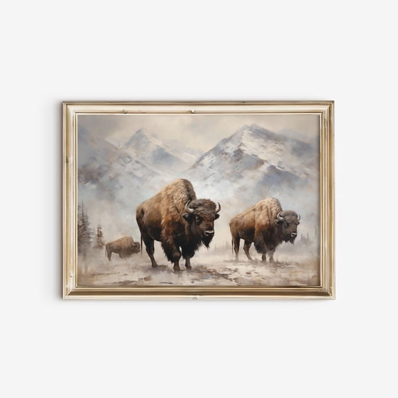 Yellowstone National Park Bison Man Cave Decor Rustic Landscape Panting Rustic Wall Art Western Wall Art Mountain Wall Art #3243, Unframed Canvas Size 8x12