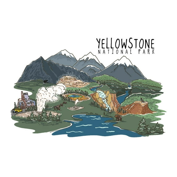 Yellowstone National Park, Line Drawing (16x24 Giclee Gallery Art Print, Vivid Textured Wall Decor)