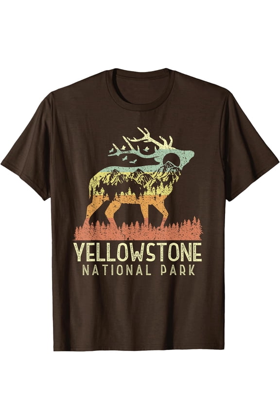 Yellowstone National Park Retro Vintage Mountain Elk Gift Unisex T-Shirt for Men Women Kids Toddler,Dark Chocolate Color,Size 5XL
