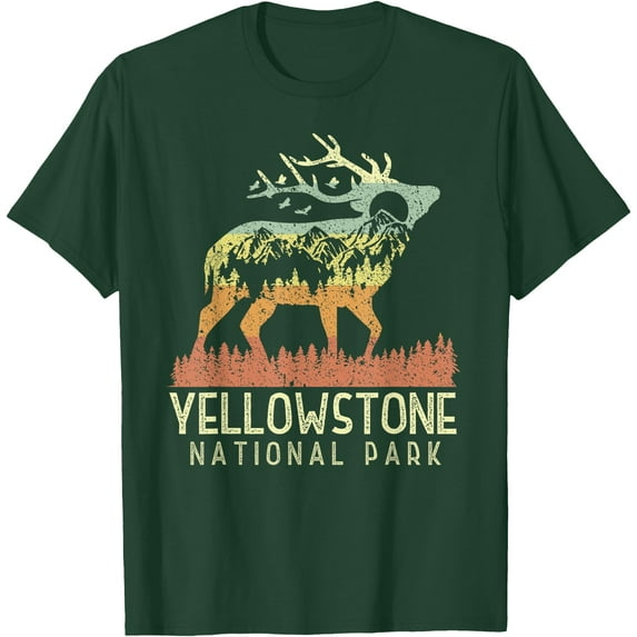 Yellowstone National Park Retro Vintage Mountain Elk Gift Unisex T-Shirt for Men Women Kids Toddler,Forest Green Color,Size 2XL