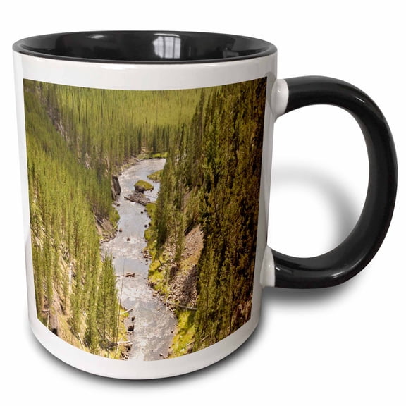 3drose, Yellowstone National Park River Running Through the Trees, 11oz Two-tone Black Mug