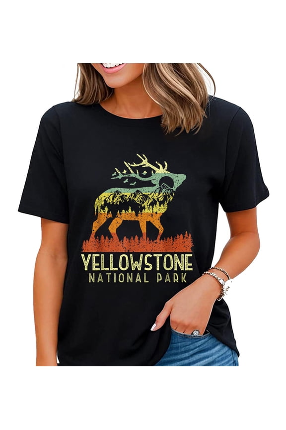 Yellowstone National Park Shirt Women Retro Vintage Mountain Elk Gift T-Shirt Black X-Large