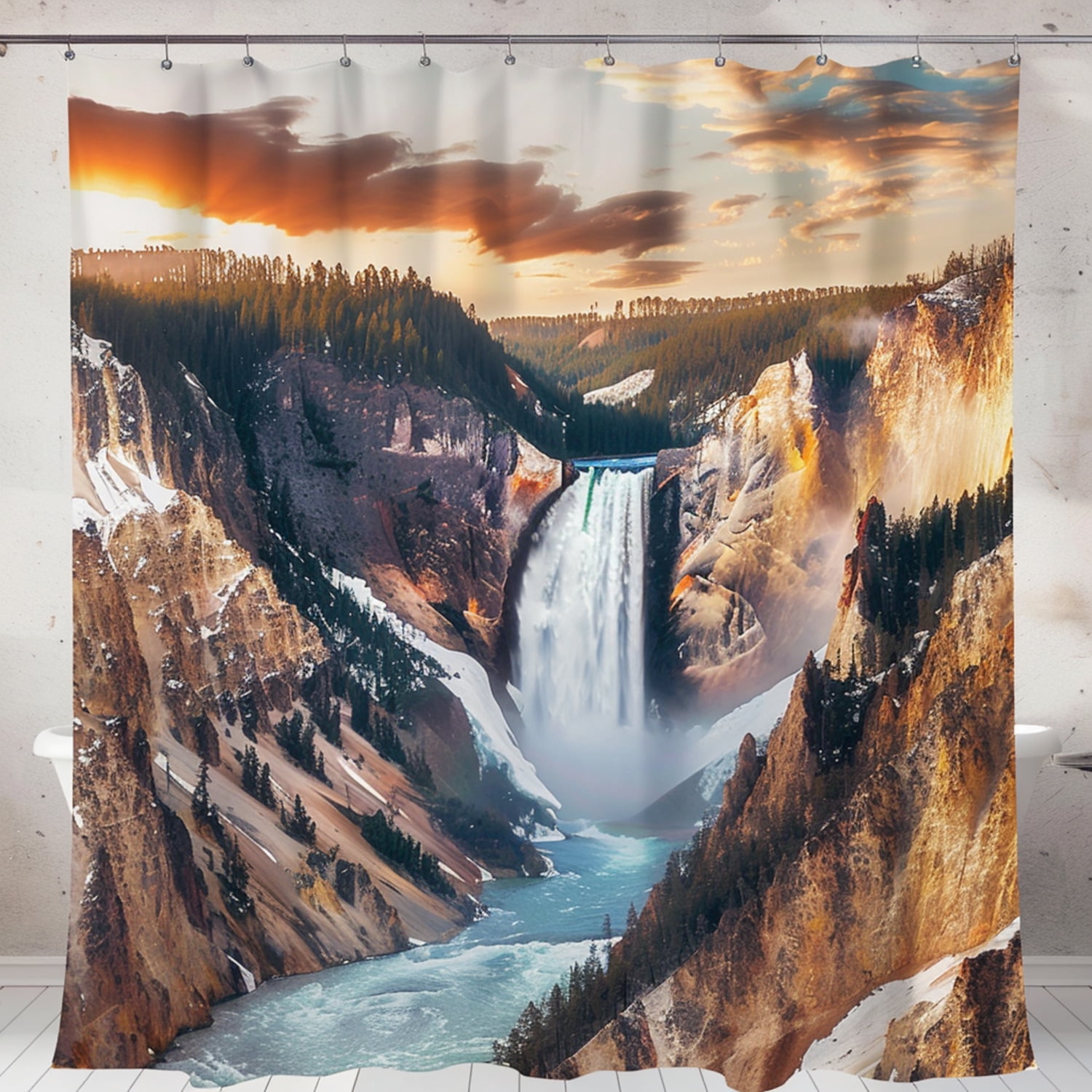 Yellowstone National Park Snowy Landscape Waterfall Shower Curtain