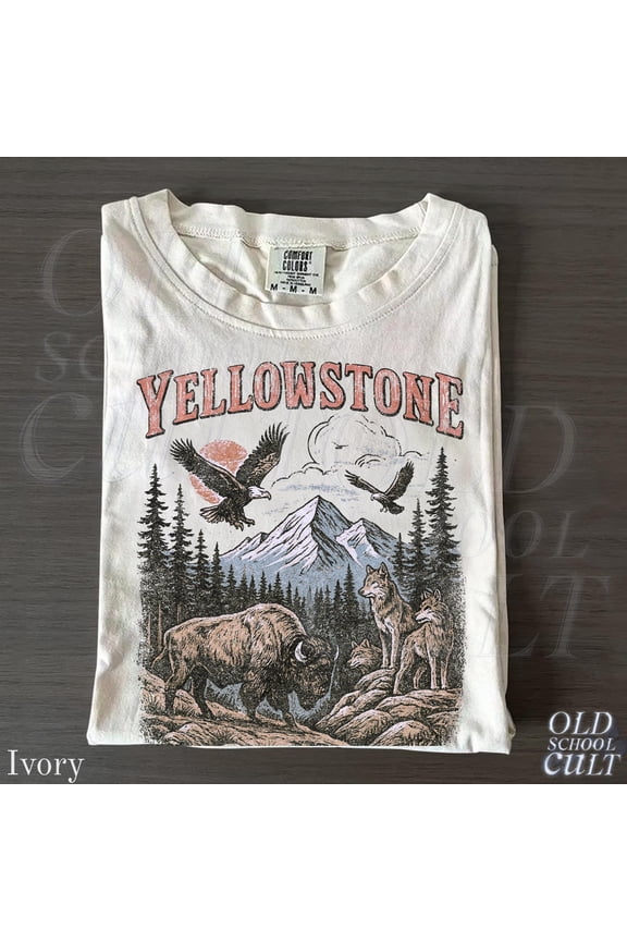 Yellowstone National Park Vintage 90s Stlye T-Shirt, Wildlife Graphic Tee with Bison Wolves Eagles, 90s Hiking Nature Shirt, Comfort Colors®