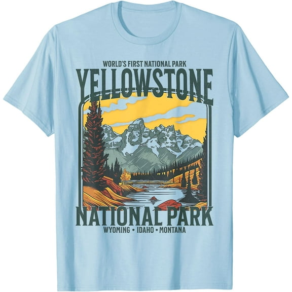 Yellowstone National Park Vintage Hiking Idaho Montana Wyoming Unisex T-Shirt for Men Women Kids Toddler,Light Blue Color,Size L