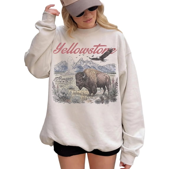 Yellowstone National Park Vintage Sweatshirt for Men and Women, Retro Bison Wolves Eagle Crewneck, Sizes S-3XL