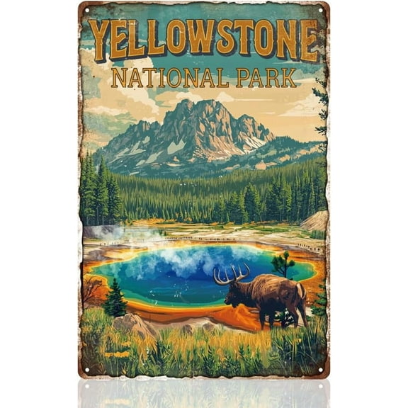 Yellowstone National Park Wall Art Decor Sign, Vintage Metal Tin Poster for Home Room Wall Decor Gift 8 x 12 Inch