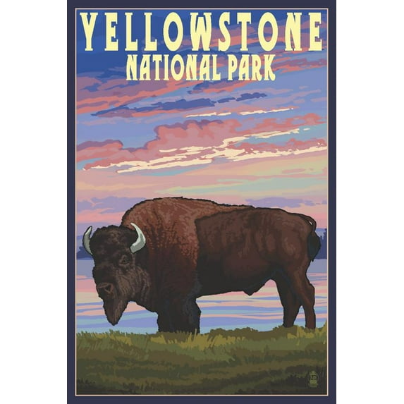 Yellowstone National Park, Wyoming, Bison and Sunset (16x24 Giclee Gallery Art Print, Vivid Textured Wall Decor)