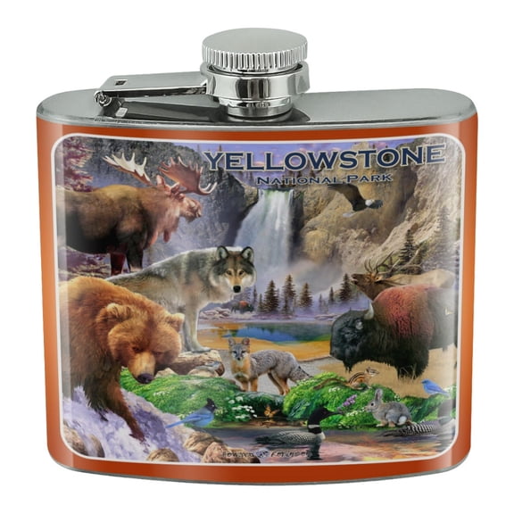 Yellowstone National Park Wyoming Montana Idaho Animals Wolf Bear Fox Bison Stainless Steel 5oz Hip Drink Kidney Flask