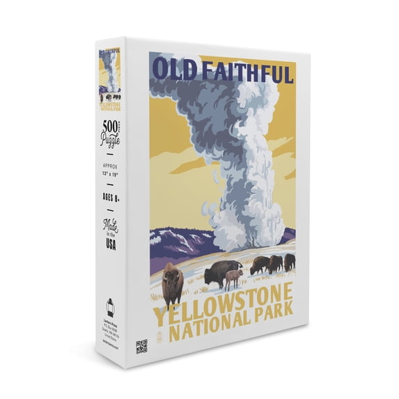 Yellowstone National Park, Wyoming, Old Faithful Geyser, WPA Style (19x27 inches, Premium 500 Piece Jigsaw Puzzle for Adults and Family, Made in USA)