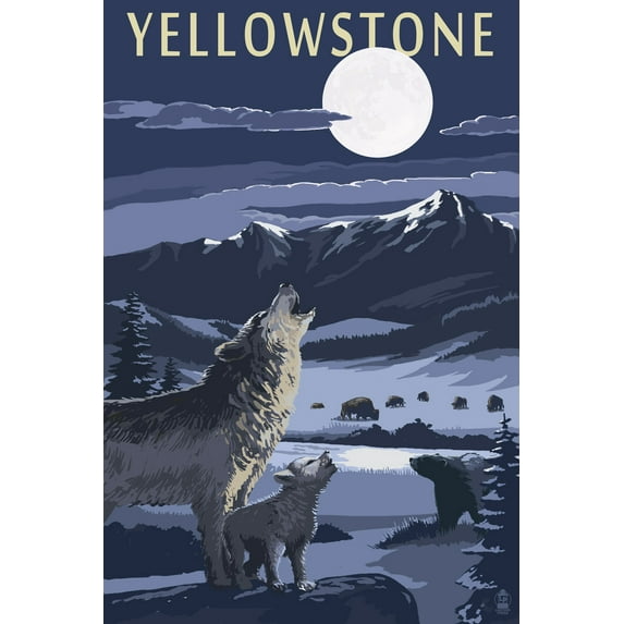 Yellowstone National Park, Wyoming, Wolves and Full Moon (12x18 Wall Art Poster, Room Decor)