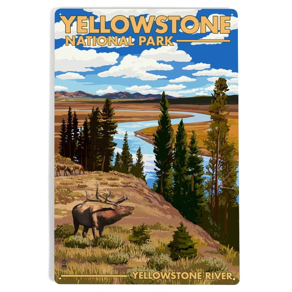 Yellowstone National Park, Wyoming, Yellowstone River and Elk (12x18 Aluminum Art, Indoor Outdoor Metal Sign Decor)