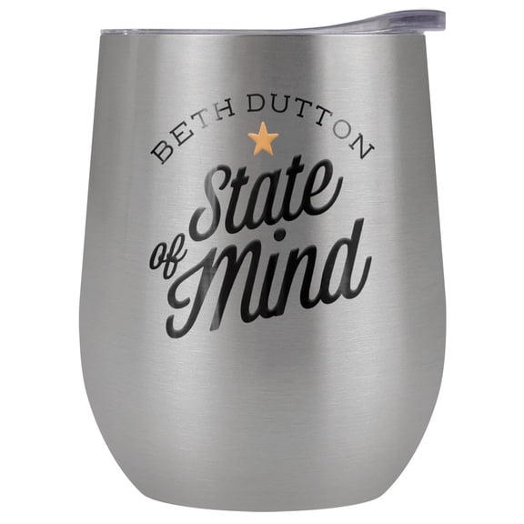 Yellowstone Official Beth Dutton State Of Mind 12 OZ White Silver Stemless Wine Tumbler, Stainless Steel Travel Cup|Lake Tumbler|Insulated with Leak Resistant Slide-Lock Lid