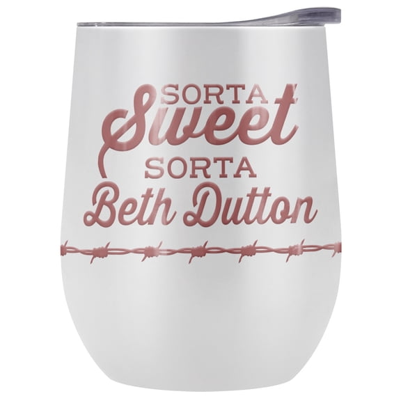Yellowstone Official Sort Sweet Beth 12 OZ White Stemless Wine Tumbler, Stainless Steel Travel Cup|Lake Tumbler|Insulated with Leak Resistant Slide-Lock Lid