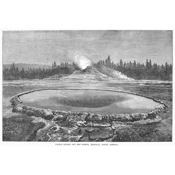 Yellowstone Park Geyser. Nthe Castle Geyser And Hot Spring In Yellowstone National Park Montana. Wood Engraving