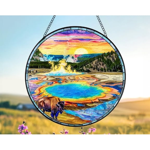 Yellowstone Park Glass Suncatcher, National Parks Glass Art, US National Park Gift, Window Hangings, Traveler Gift, Home Decor, 3.5 in