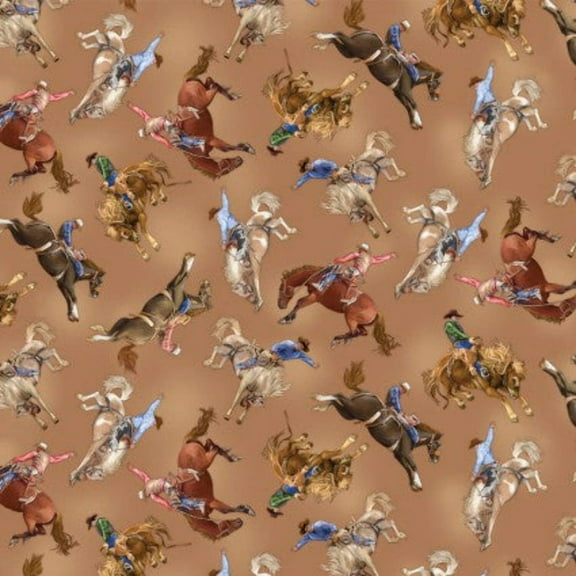 Cotton Cowboys Horses Western Yellowstone Rodeo Light Brown Cotton Fabric Print by the Yard (14481-72)