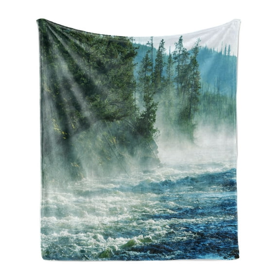 Yellowstone Soft Flannel Fleece Blanket, Fog on Yellowstone River Alpine Trees by the Bank Wilderness Waterscape Picture, Cozy Plush for Indoor and Outdoor Use, 60" x 80", Green Blue, by Ambesonne